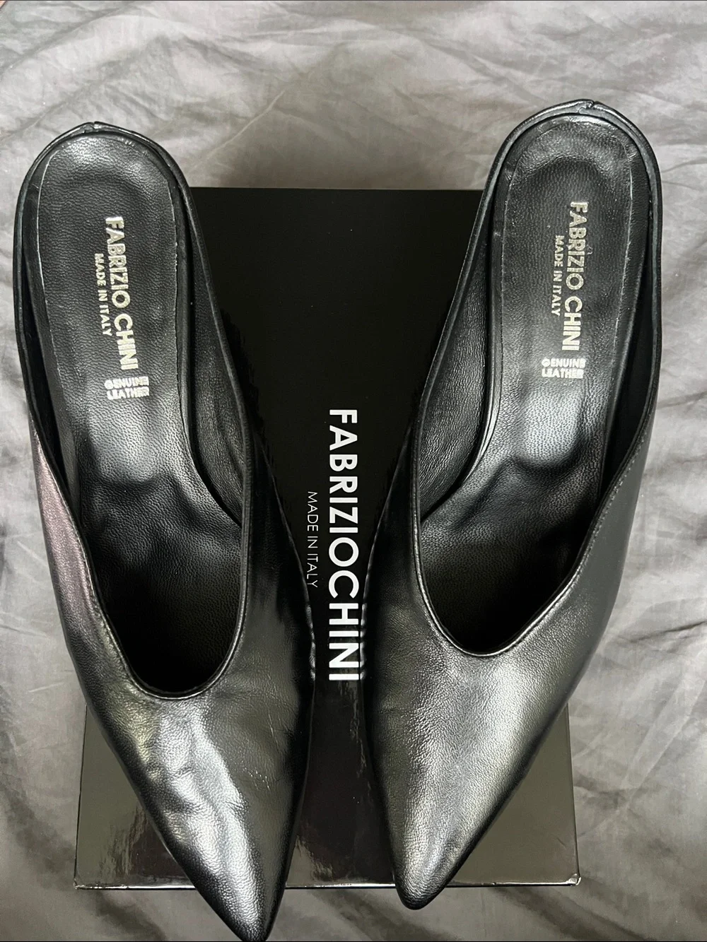 Black Leather Pointed Wedge Mules made in Italy